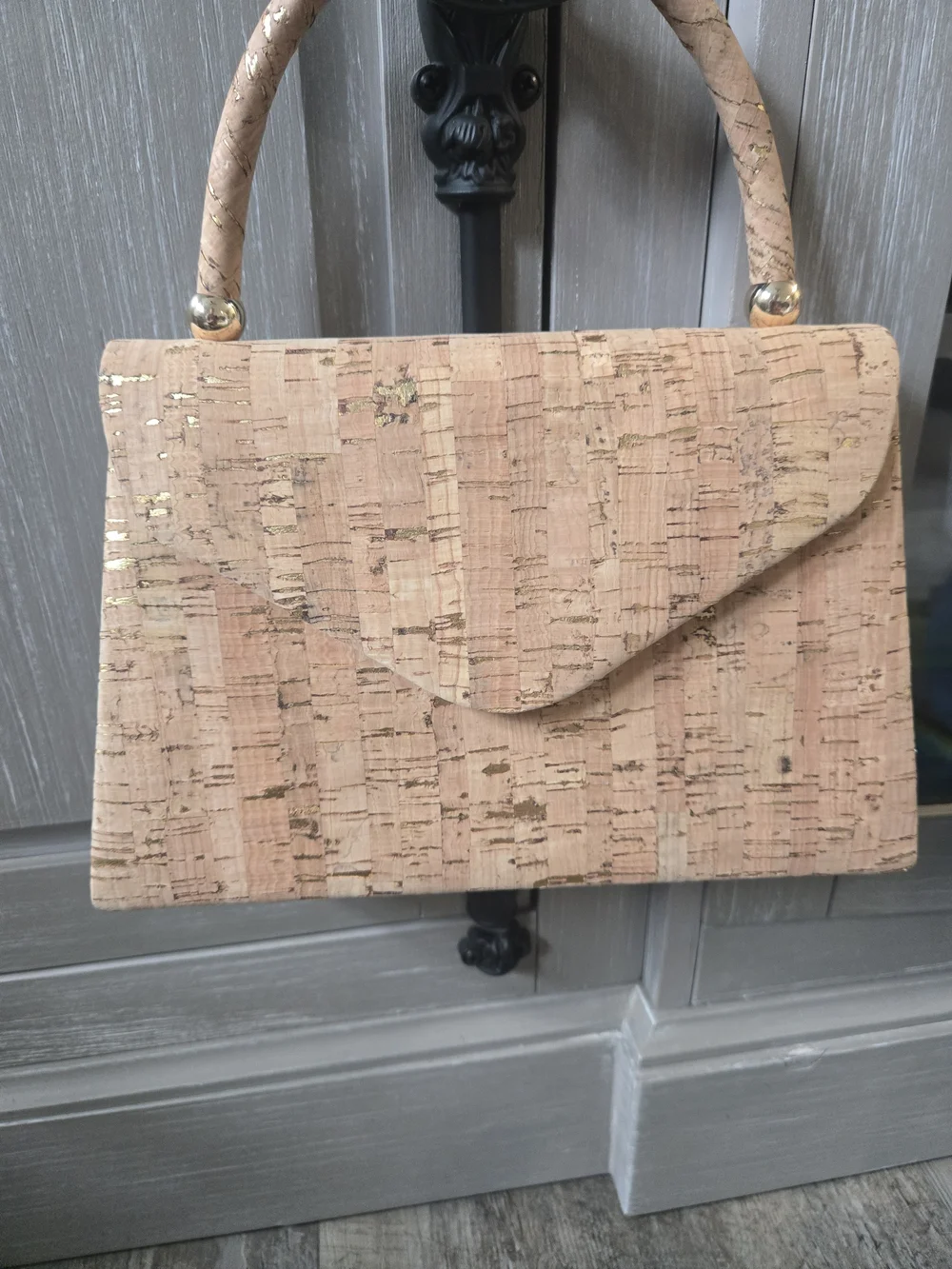 Natural Cork Envelope Top-Handle Bag in Light Tan